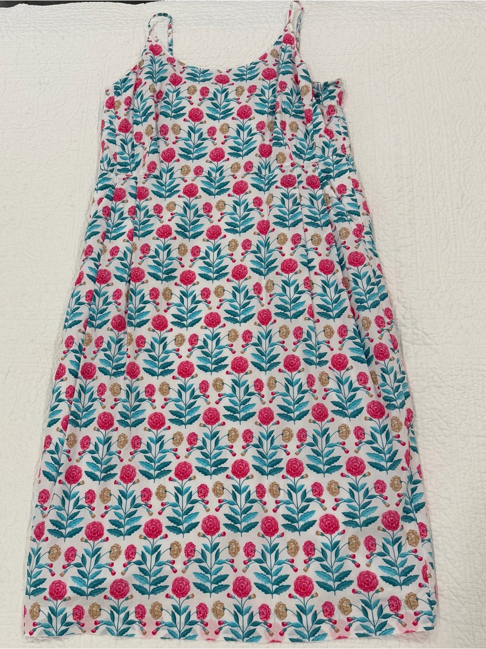 Ann Taylor White Midi Dress with Pink Floral & Teal Leaf Print